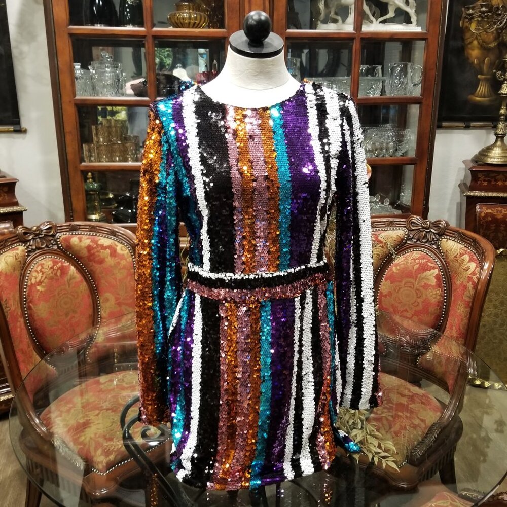 Club L London Sequin Striped Long Sleeve Dress
